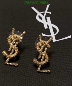 Gold twist-style earrings on branded background.