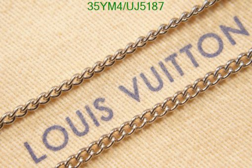 Close-up of luxury branded fabric and chain detail.