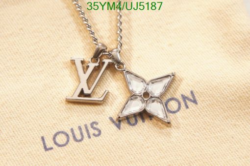 Louis Vuitton brand necklace with LV logo and butterfly pendant.