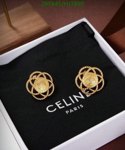 Gold Celine Paris logo earrings in box.