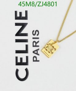 Gold pendant necklace on white background with logo.