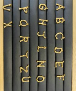 Gold letters arranged alphabetically on gray slats.