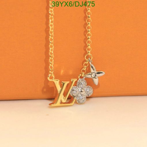 Designer logo necklace with flower pendant.