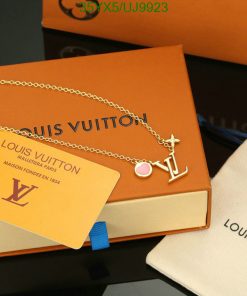 Louis Vuitton necklace on display with packaging.