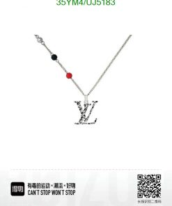 Designer logo pendant necklace with chain and colored beads.