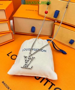 Louis Vuitton necklace and branded boxes display.