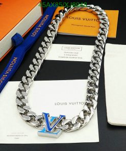 Louis Vuitton silver chain necklace with monogram pendant.