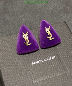 Purple YSL logo earrings on branded box.