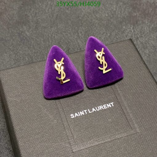 Purple YSL logo earrings on branded box.