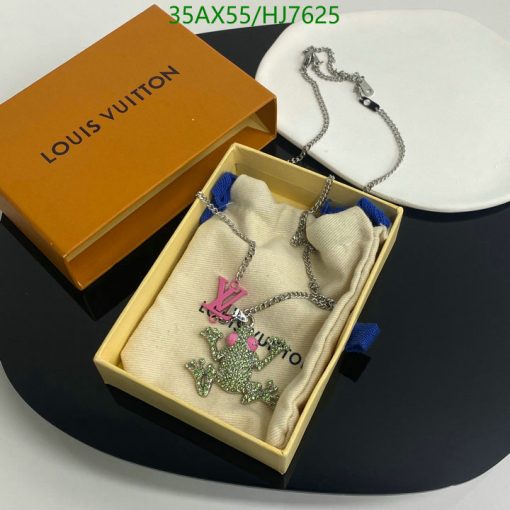 Louis Vuitton necklace with frog pendant in branded box.