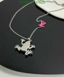 Silver frog pendant necklace with pink accent.