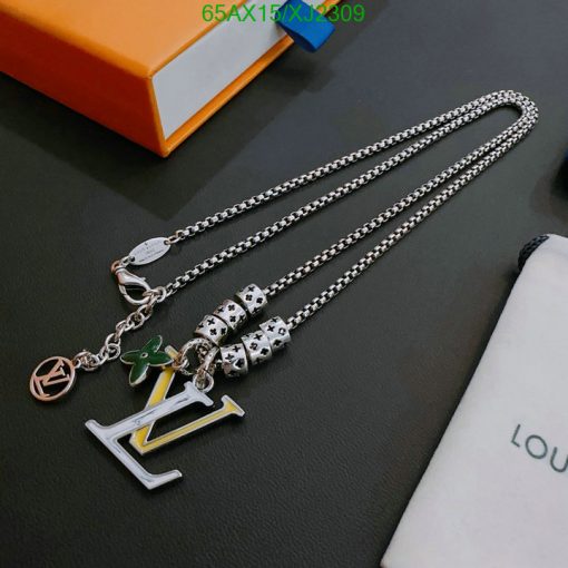 Silver necklace with charms and LV pendant.