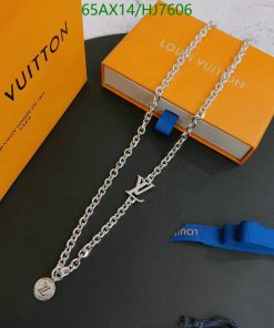 Designer silver necklace on branded box background.