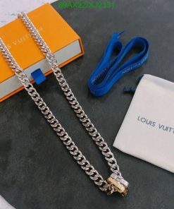 Louis Vuitton silver chain with packaging accessories.