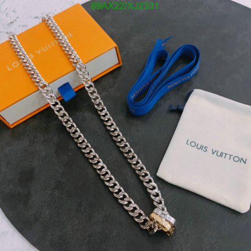 Louis Vuitton silver chain with packaging accessories.